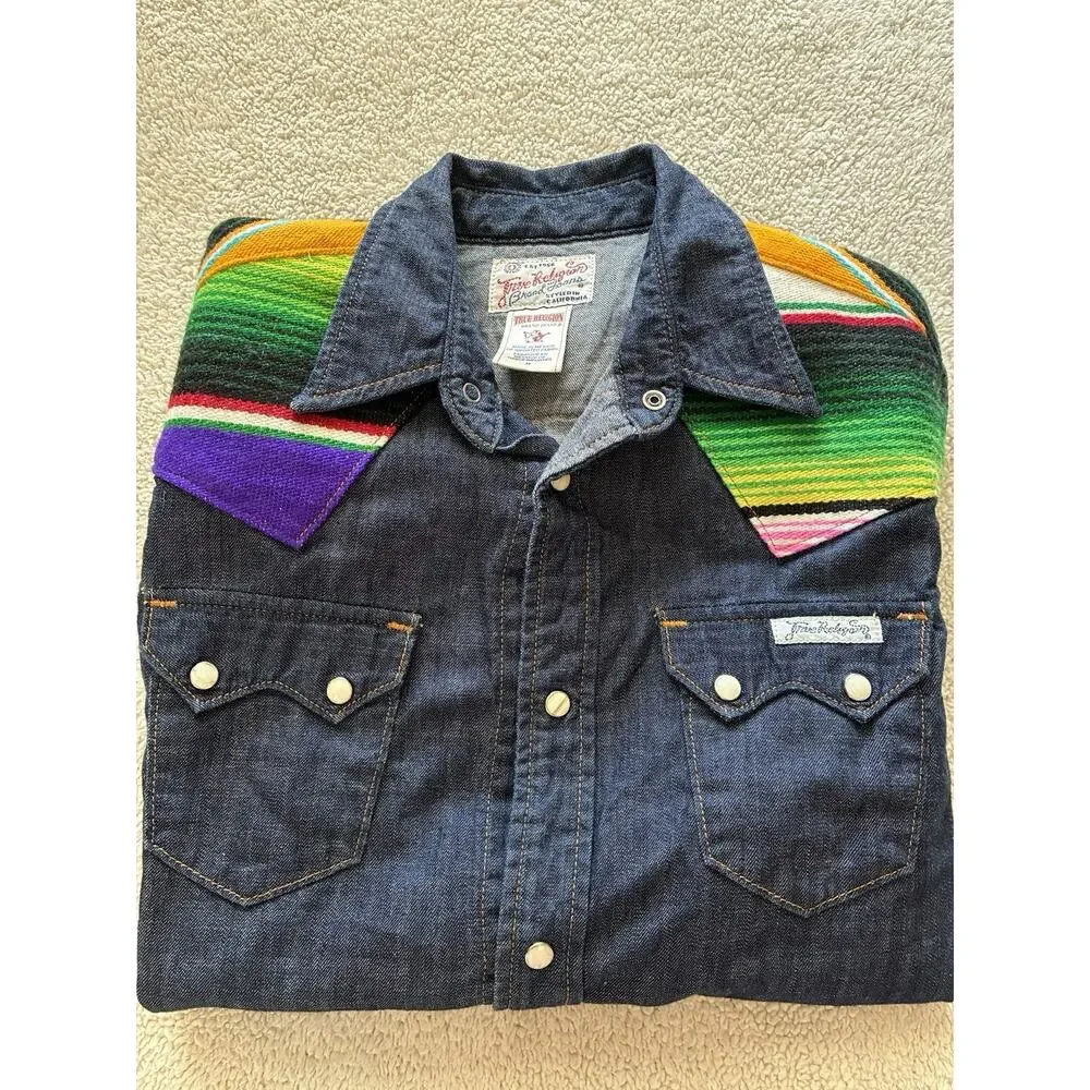 True Religion GEORGIA BAJA WESTERN Shirt Aztec Denim Pearl Snap Med Shirt